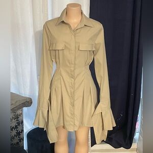 PrettyLittleThing Stone Tie Cuff Detail Pleated Shirt Dress Size 6 Bell Sleeve